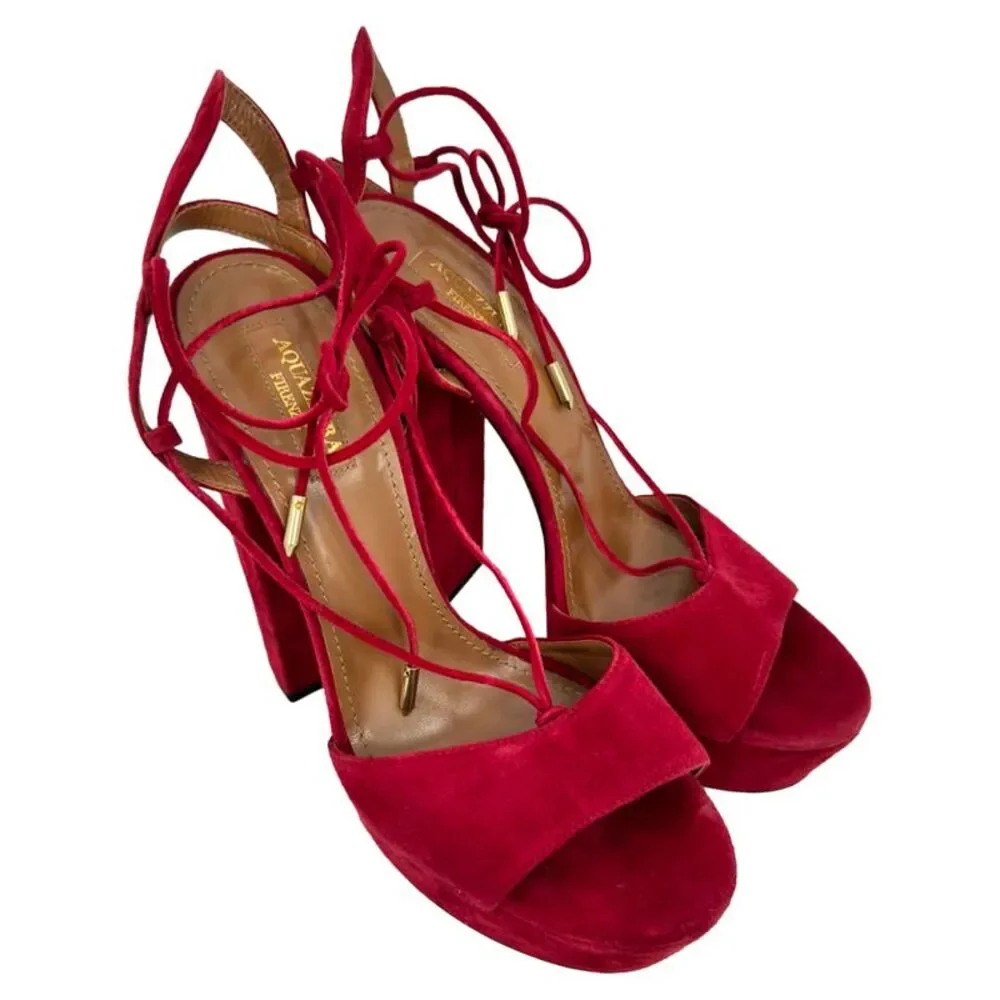 Aquazzura Austin Platform Sandal heels in Burgundy Suede